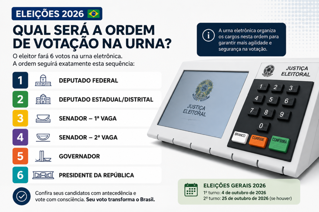 Infográfico com a ordem de votação na urna eletrônica nas Eleições 2026